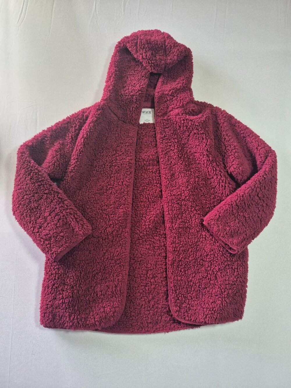 PINK VS Sherpa Hooded Cardigan Open Front Teddy Fleece Jacket Burgundy One Size